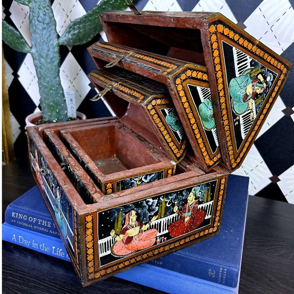 Vintage Indian Hand Painted Nesting Wooden Box Set of 3 Folk Art Storage Chests